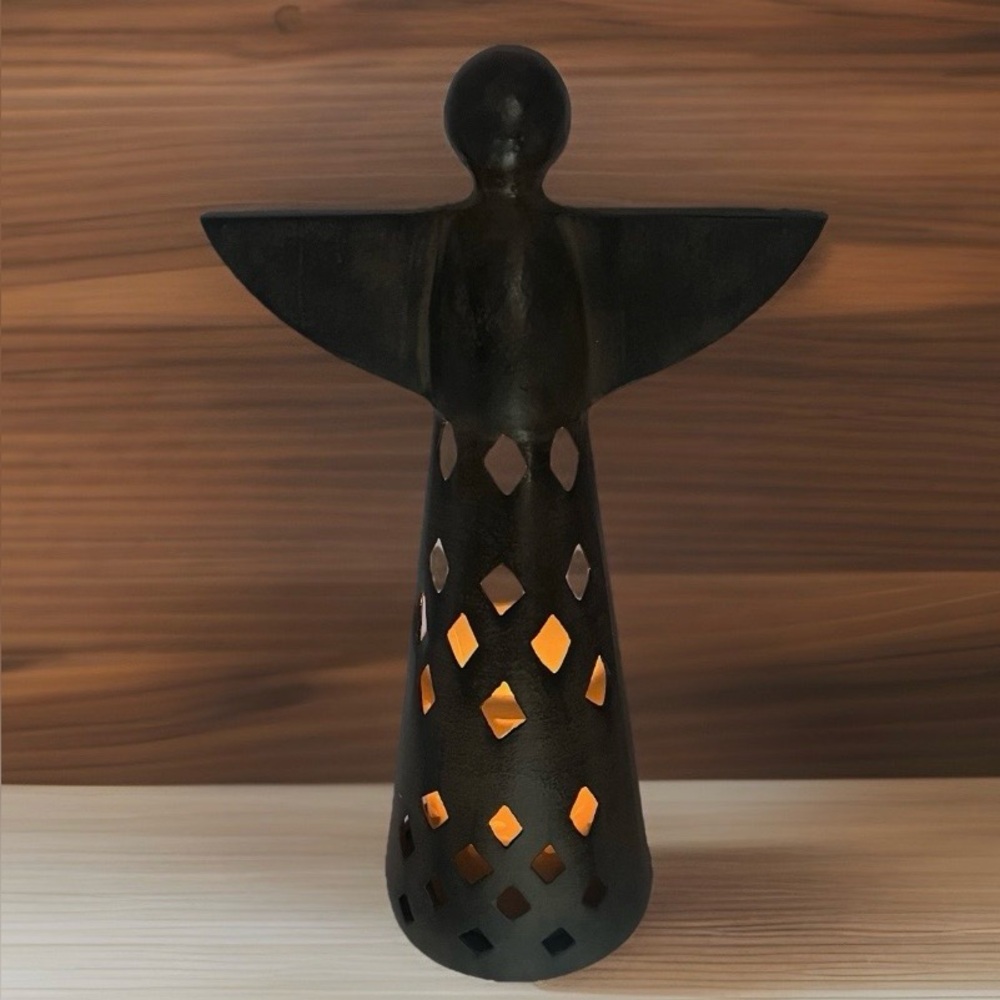Vintage Vibes 14” Metal Angel, Pillar Candle Holder Decor, LED Candle Included